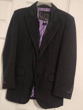 Men's Black Pinstripe Sport Coat with Purple Lining by Caffeine
